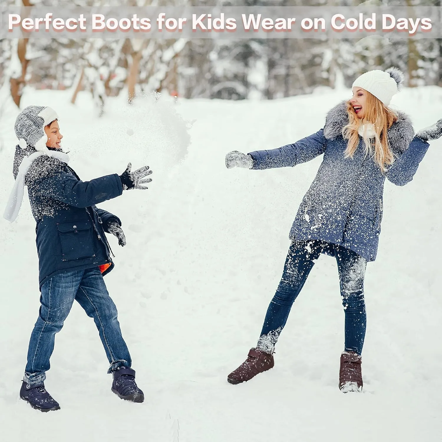 Ablanczoom Boys Girls Winter Snow Boots - Comfortable Warm Fur Lined Toddler Boot Outdoor Waterproof Slip On Walking Ankle Booties For Little Kid