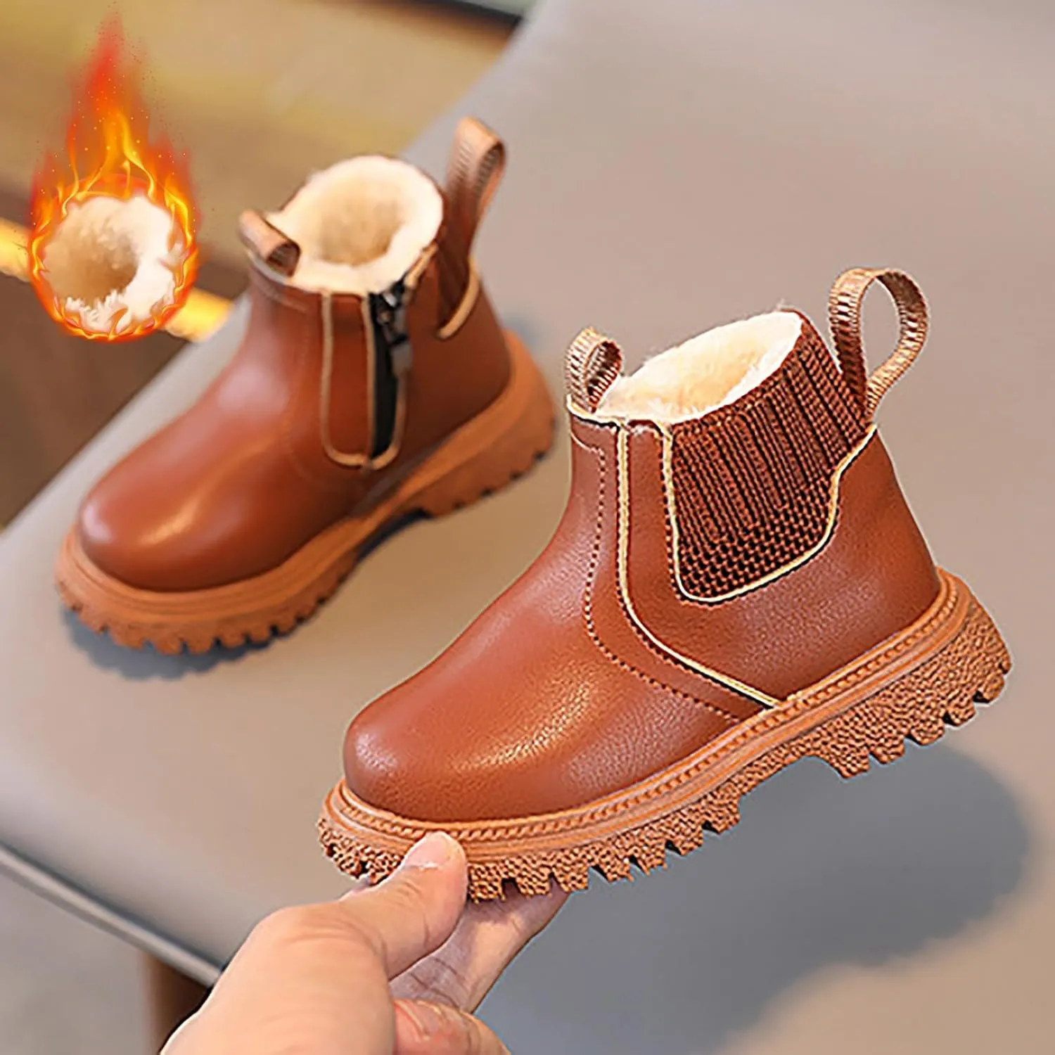 Baby Winter Ankle Boots Lace up Leather Ankle Boots Faux Fur Fashion Non Slip Warm Winter Boots Kids Outdoor Booties