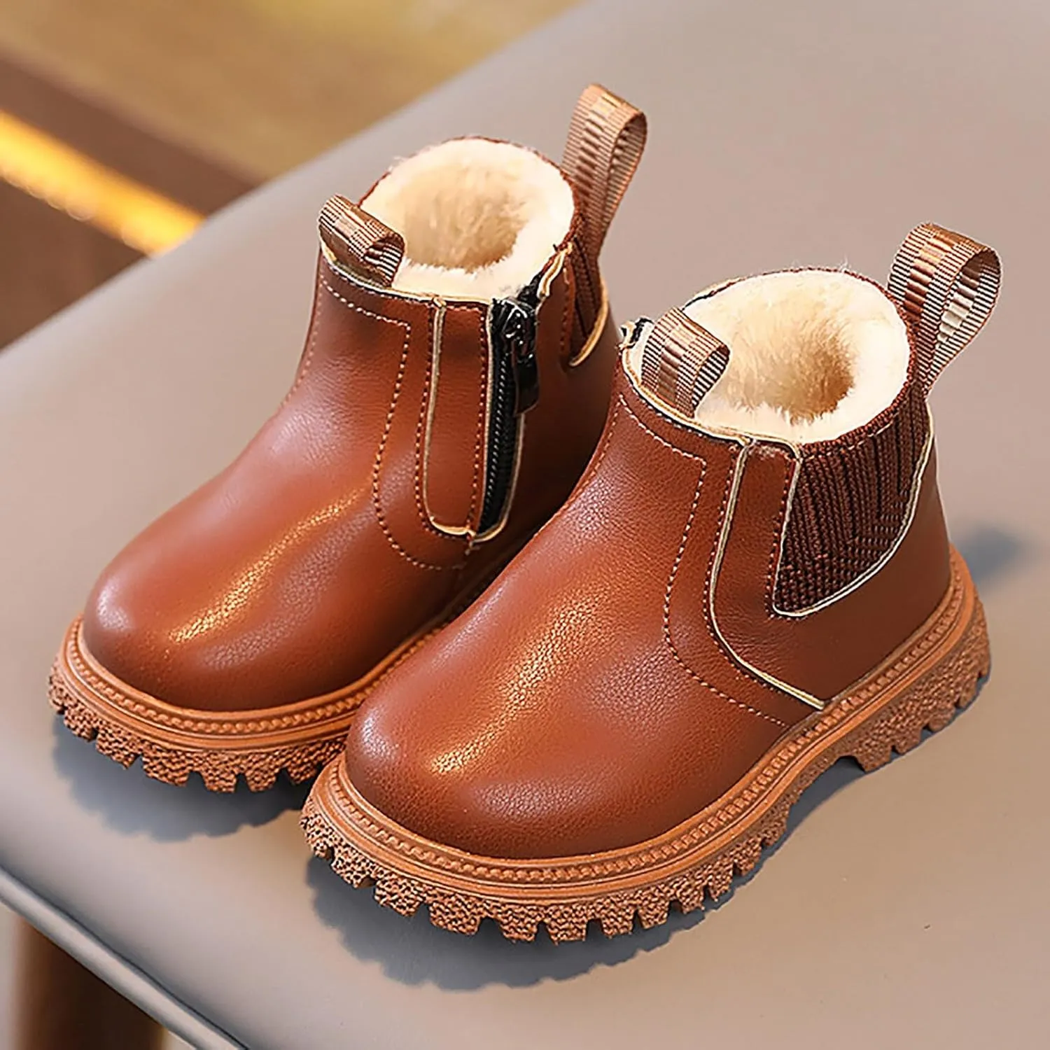 Baby Winter Ankle Boots Lace up Leather Ankle Boots Faux Fur Fashion Non Slip Warm Winter Boots Kids Outdoor Booties