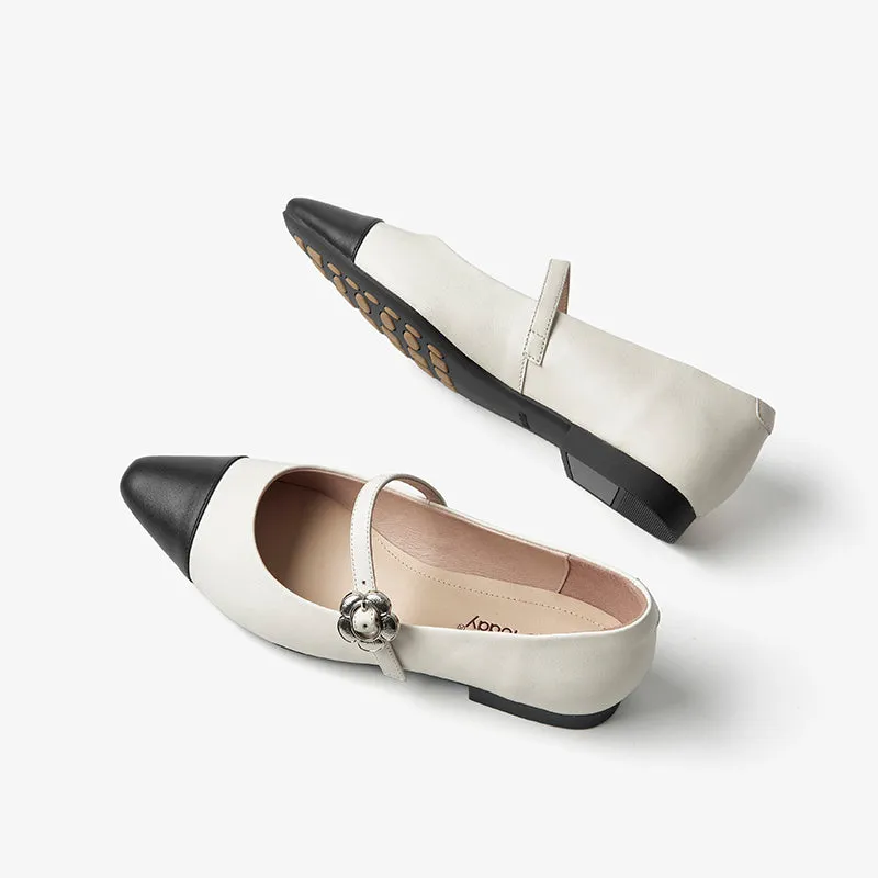BeauToday Leather Pointed Toe Mary Janes Slip On Flats for Women