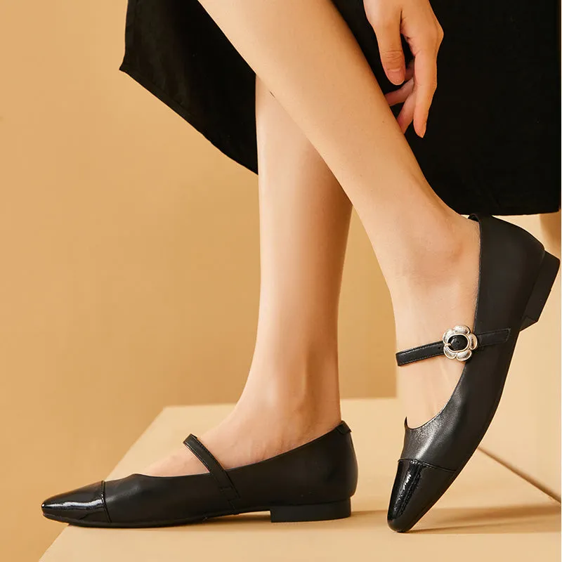 BeauToday Leather Pointed Toe Mary Janes Slip On Flats for Women