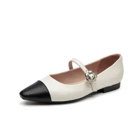 BeauToday Leather Pointed Toe Mary Janes Slip On Flats for Women