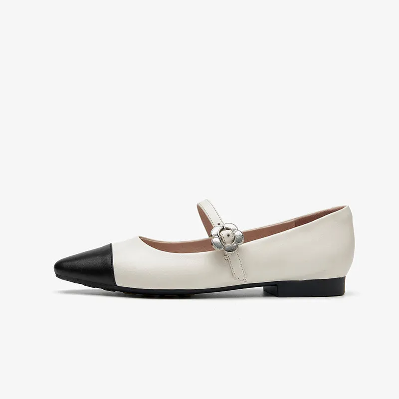 BeauToday Leather Pointed Toe Mary Janes Slip On Flats for Women