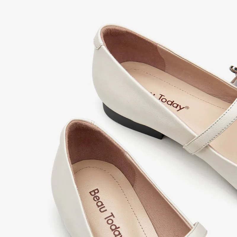 BeauToday Leather Pointed Toe Mary Janes Slip On Flats for Women