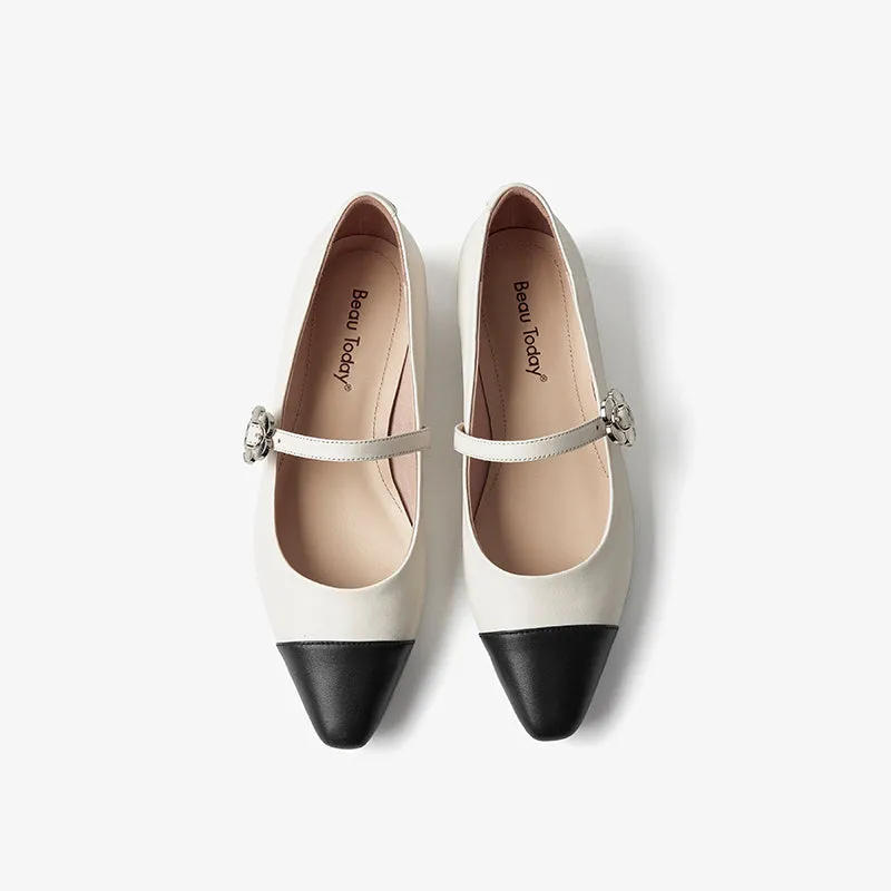 BeauToday Leather Pointed Toe Mary Janes Slip On Flats for Women
