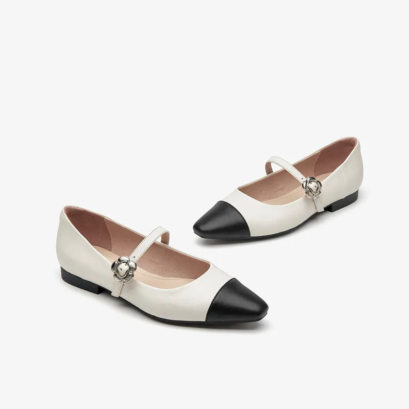 BeauToday Leather Pointed Toe Mary Janes Slip On Flats for Women