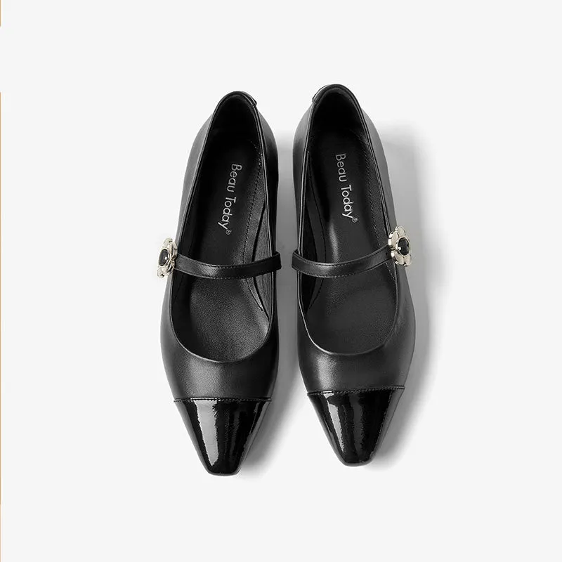 BeauToday Leather Pointed Toe Mary Janes Slip On Flats for Women