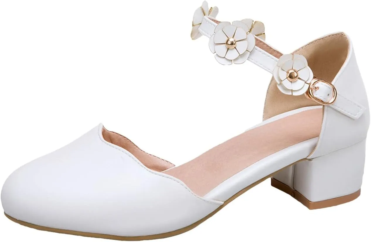 Big Kids Girls Mary Jane Dress Shoes Pumps Heels Flower High School Prom Shoes Kids Closed Toe Sandals for Girls