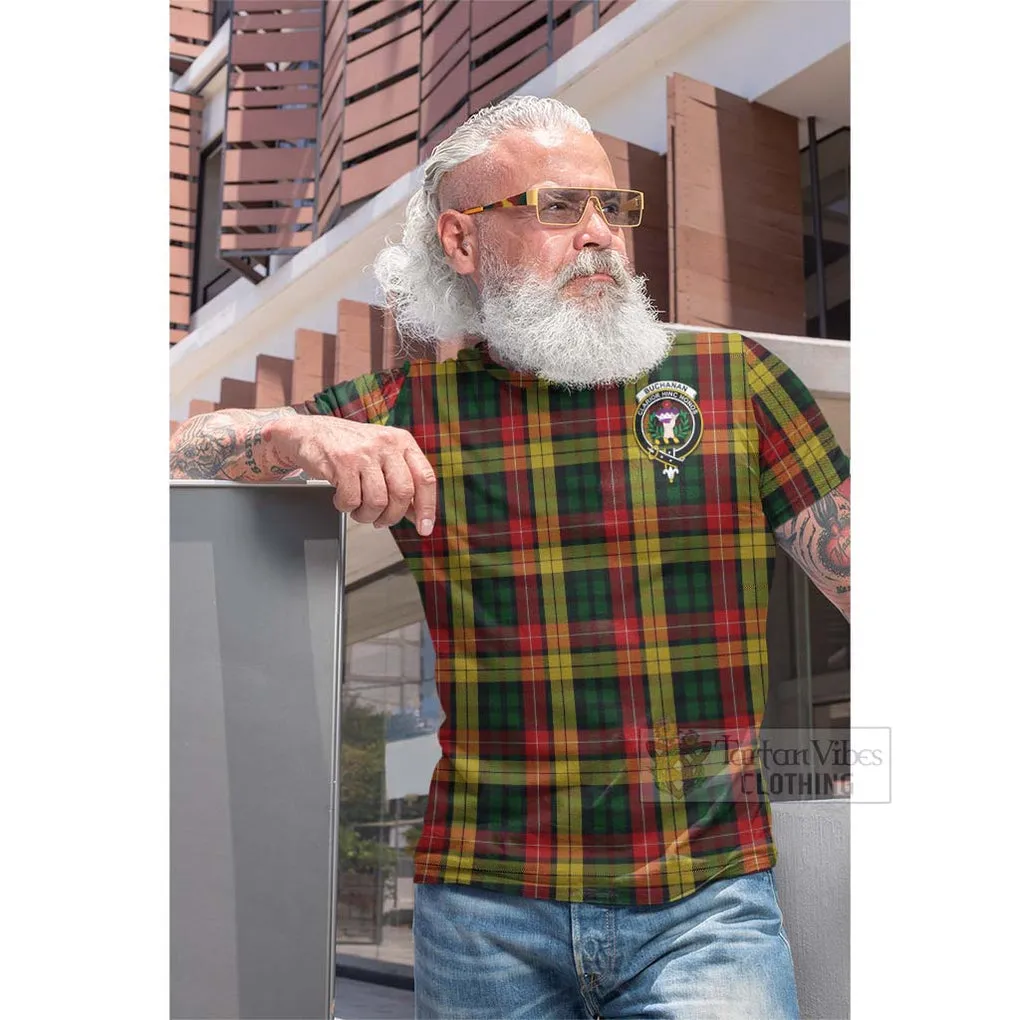Buchanan Tartan Cotton T-shirt with Family Crest and Bearded Skull Holding Bottles of Whiskey