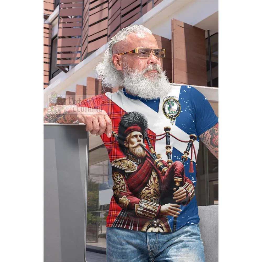 Burnett Tartan Cotton T-shirt with Family Crest Scottish Bagpiper Vibes