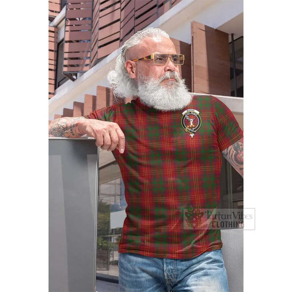 Burns Tartan Cotton T-shirt with Family Crest and Bearded Skull Holding Bottles of Whiskey