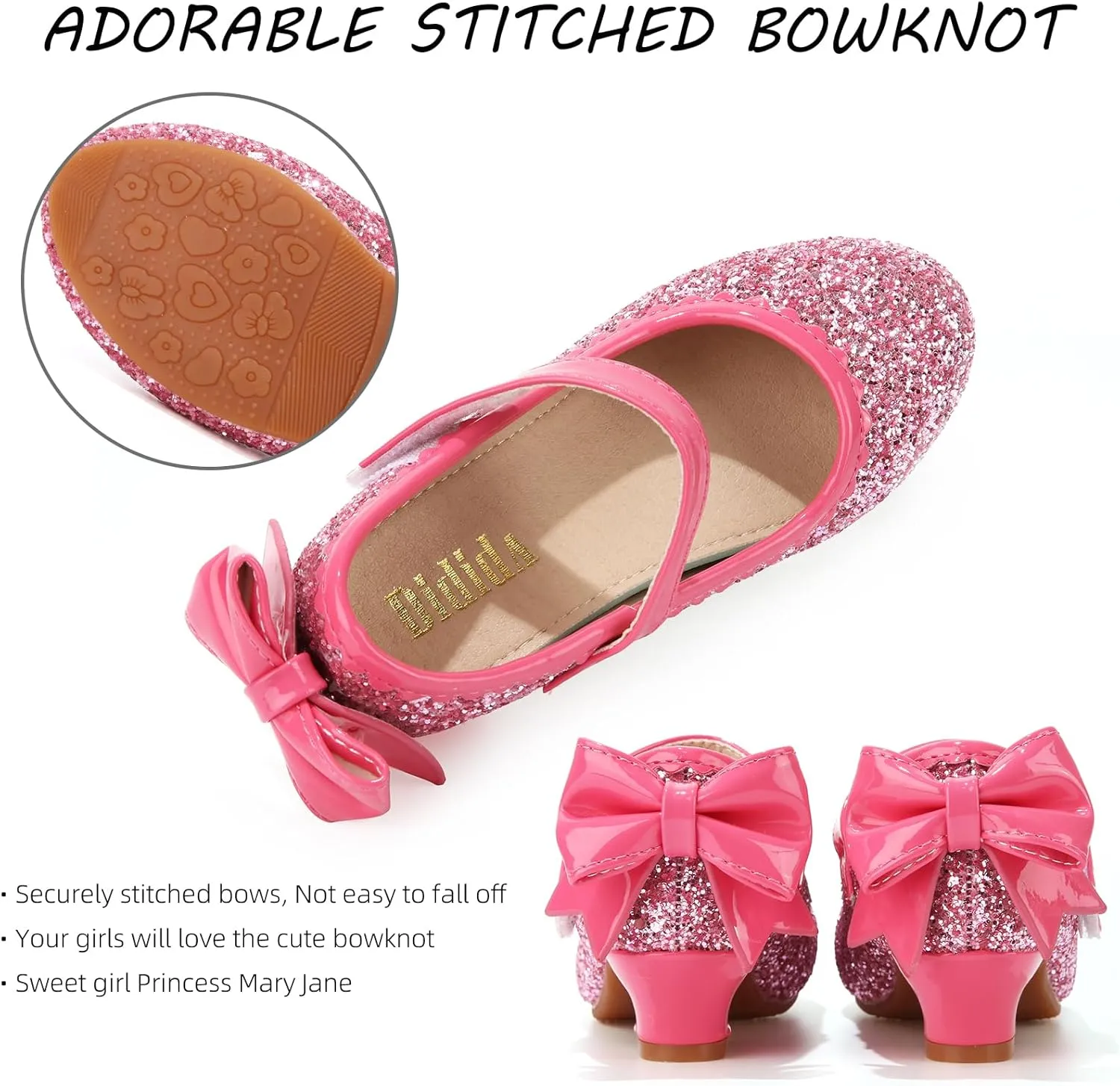 Didida Girl Dress Shoes, Glitter Heel Shoes for Girls, Mary Jane Pumps with Bow