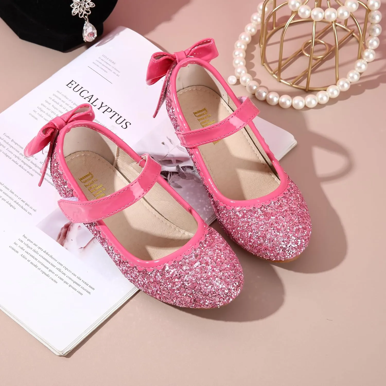 Didida Girl Dress Shoes, Glitter Heel Shoes for Girls, Mary Jane Pumps with Bow