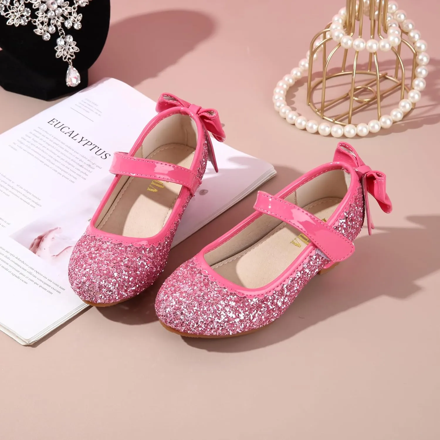 Didida Girl Dress Shoes, Glitter Heel Shoes for Girls, Mary Jane Pumps with Bow
