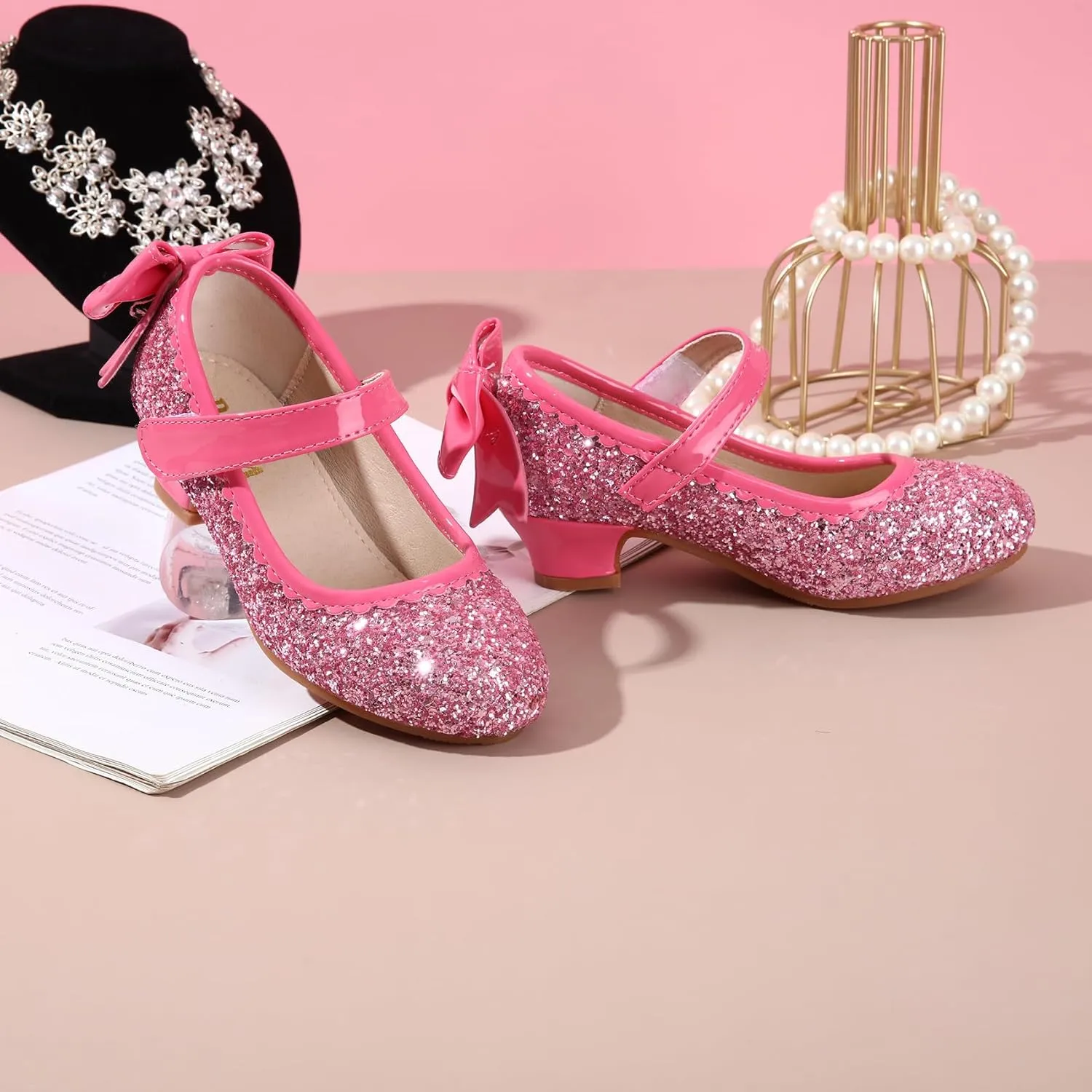 Didida Girl Dress Shoes, Glitter Heel Shoes for Girls, Mary Jane Pumps with Bow