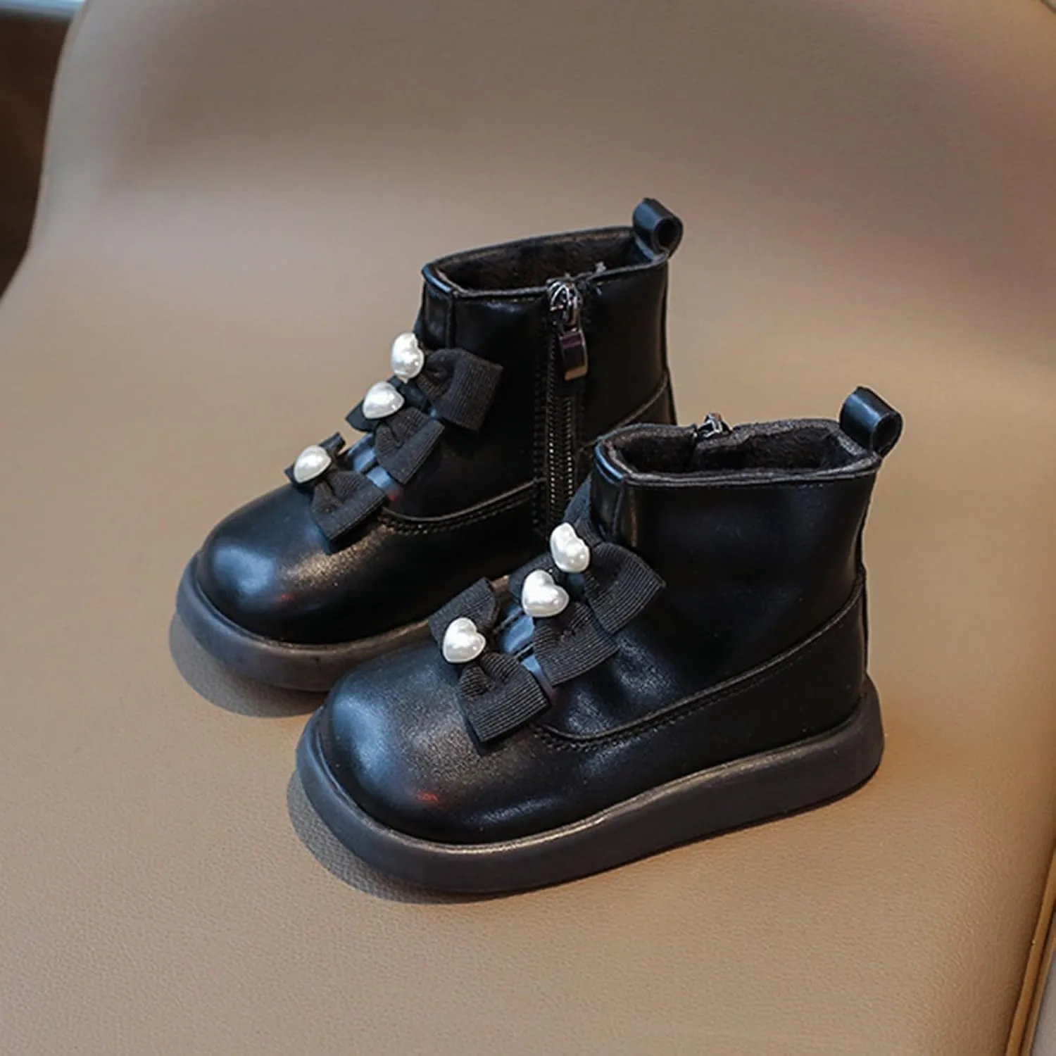 Fashion Bowtie Ankle Boots for Toddler Girls PU Leather Water Proof School Shoes Thick Girls Boots Toddler 8