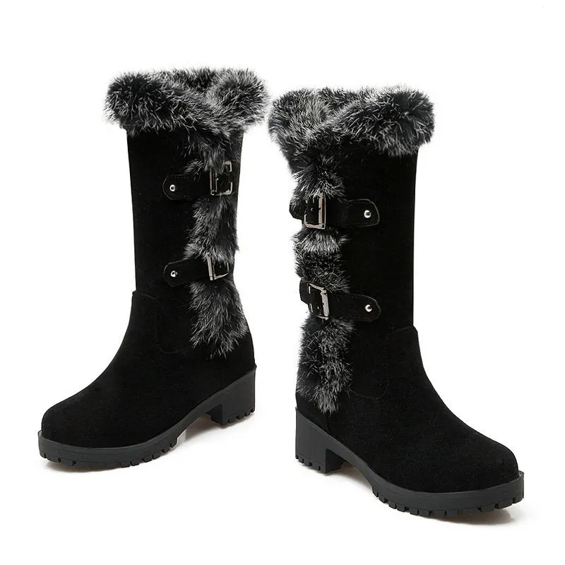 Furry mid calf snow boots faux suede boots with fuzzy trim