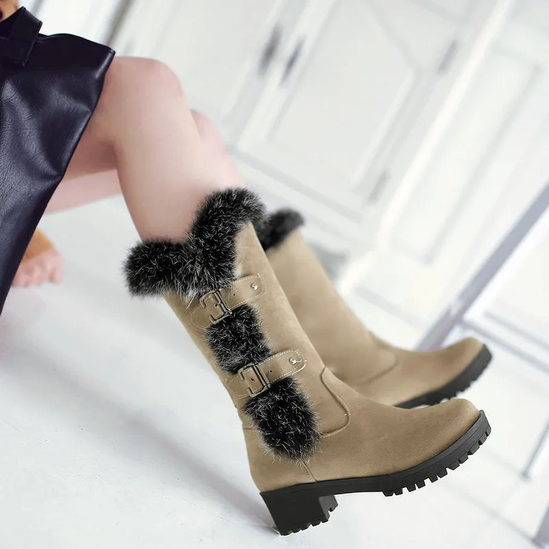 Furry mid calf snow boots faux suede boots with fuzzy trim