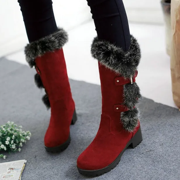 Furry mid calf snow boots faux suede boots with fuzzy trim