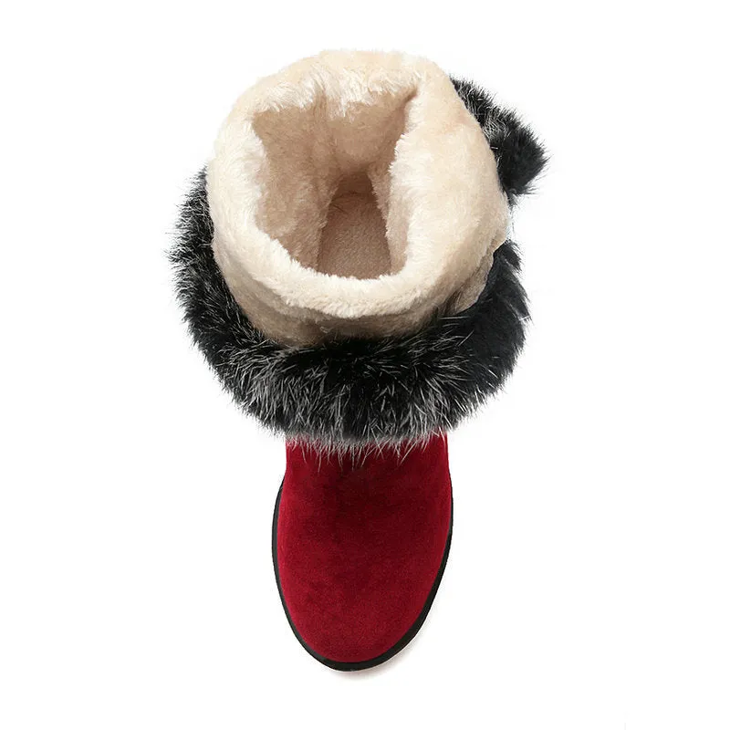 Furry mid calf snow boots faux suede boots with fuzzy trim
