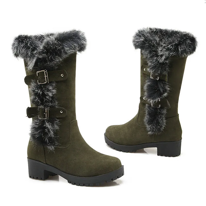Furry mid calf snow boots faux suede boots with fuzzy trim