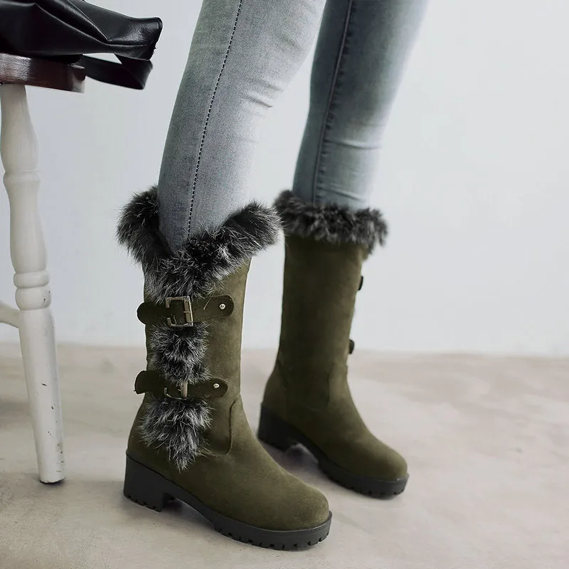 Furry mid calf snow boots faux suede boots with fuzzy trim