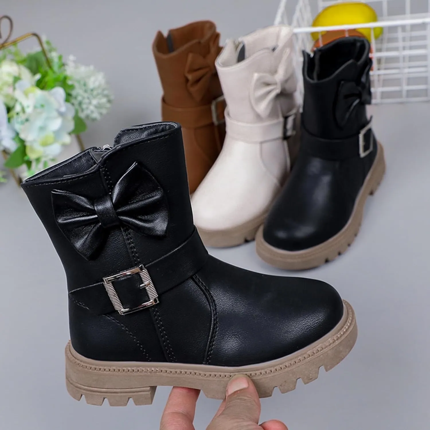 Girls Ankle Boots Side Zipper Combat Boots Non Slip Cowgirl Boots Casual Leather Boots for Toddler Little Kid Big Kid
