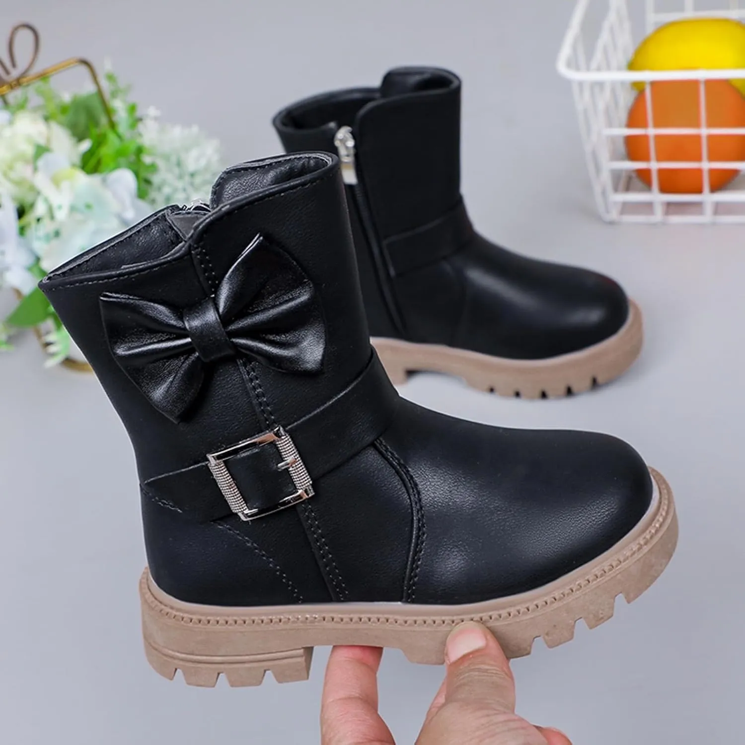 Girls Ankle Boots Side Zipper Combat Boots Non Slip Cowgirl Boots Casual Leather Boots for Toddler Little Kid Big Kid