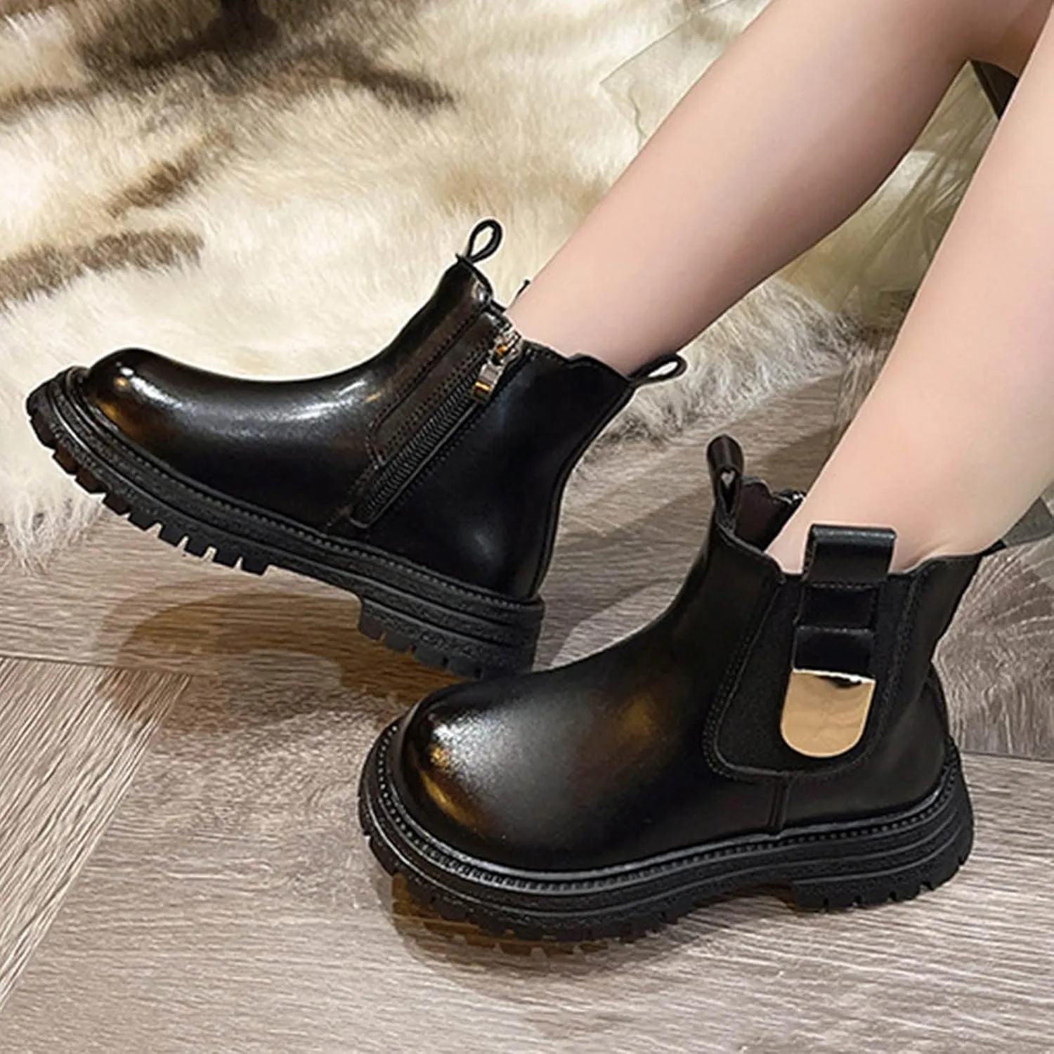 Girls Anti-slip Ankle Boots Water Proof Autumn Winter PU Leather Thick Bottom Pull On Riding Winter Boots for Big Girls