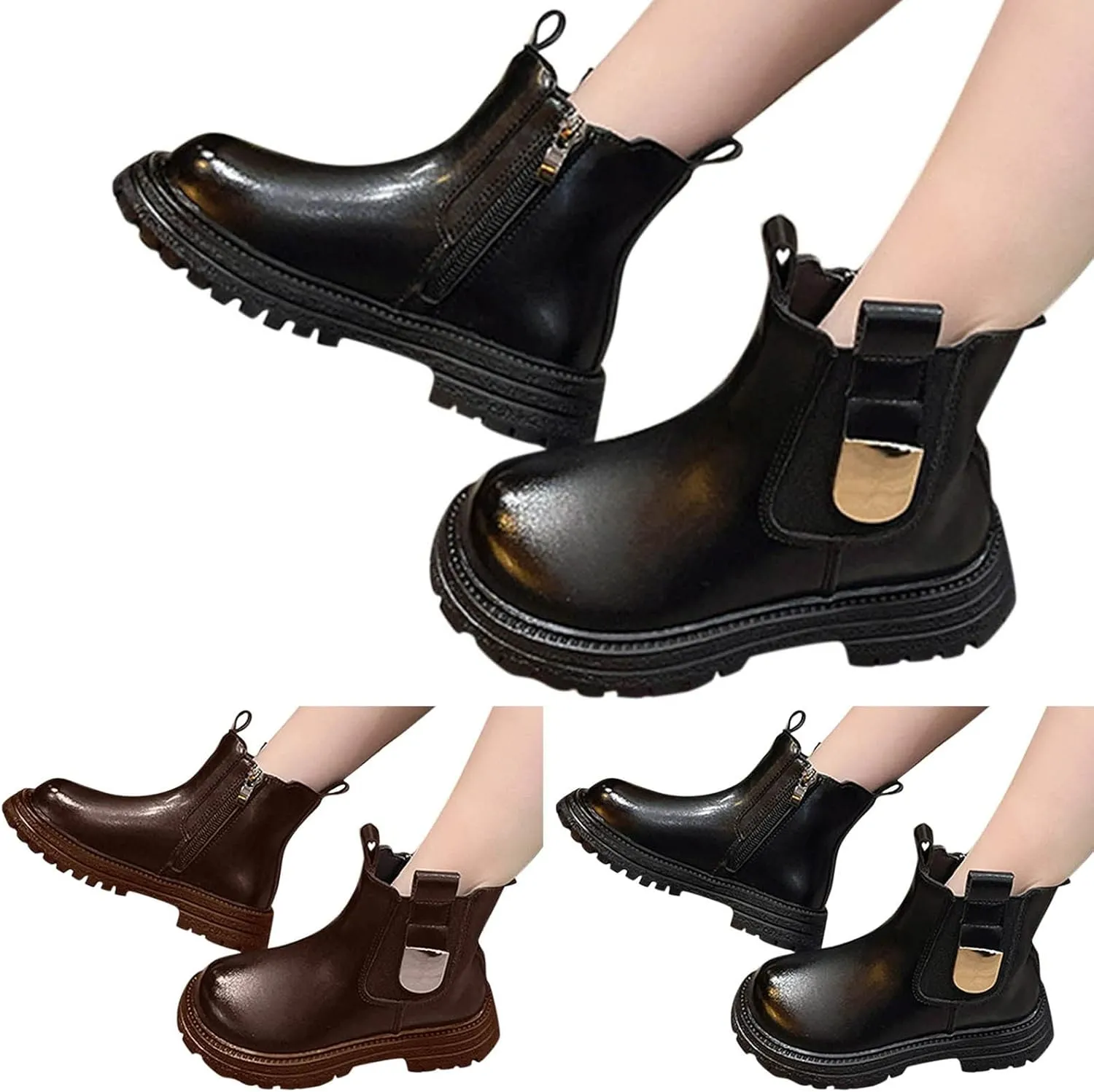 Girls Anti-slip Ankle Boots Water Proof Autumn Winter PU Leather Thick Bottom Pull On Riding Winter Boots for Big Girls