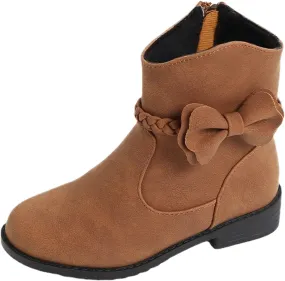 Girls Bow Decor Braided Detail Zip Side Western Boots Kids Ankle Boots Girls Low Heel Riding Booties Girls Boot Cuffs