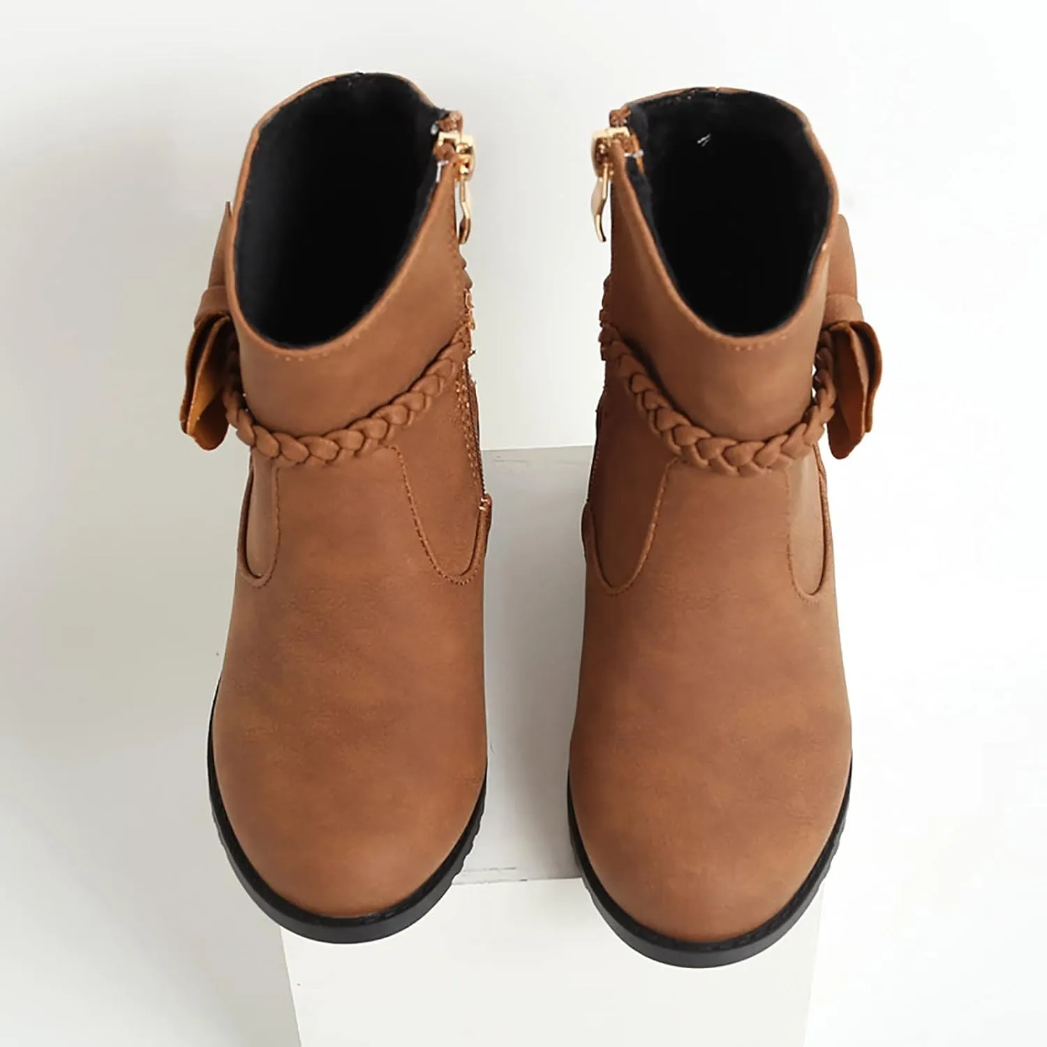 Girls Bow Decor Braided Detail Zip Side Western Boots Kids Ankle Boots Girls Low Heel Riding Booties Girls Boot Cuffs