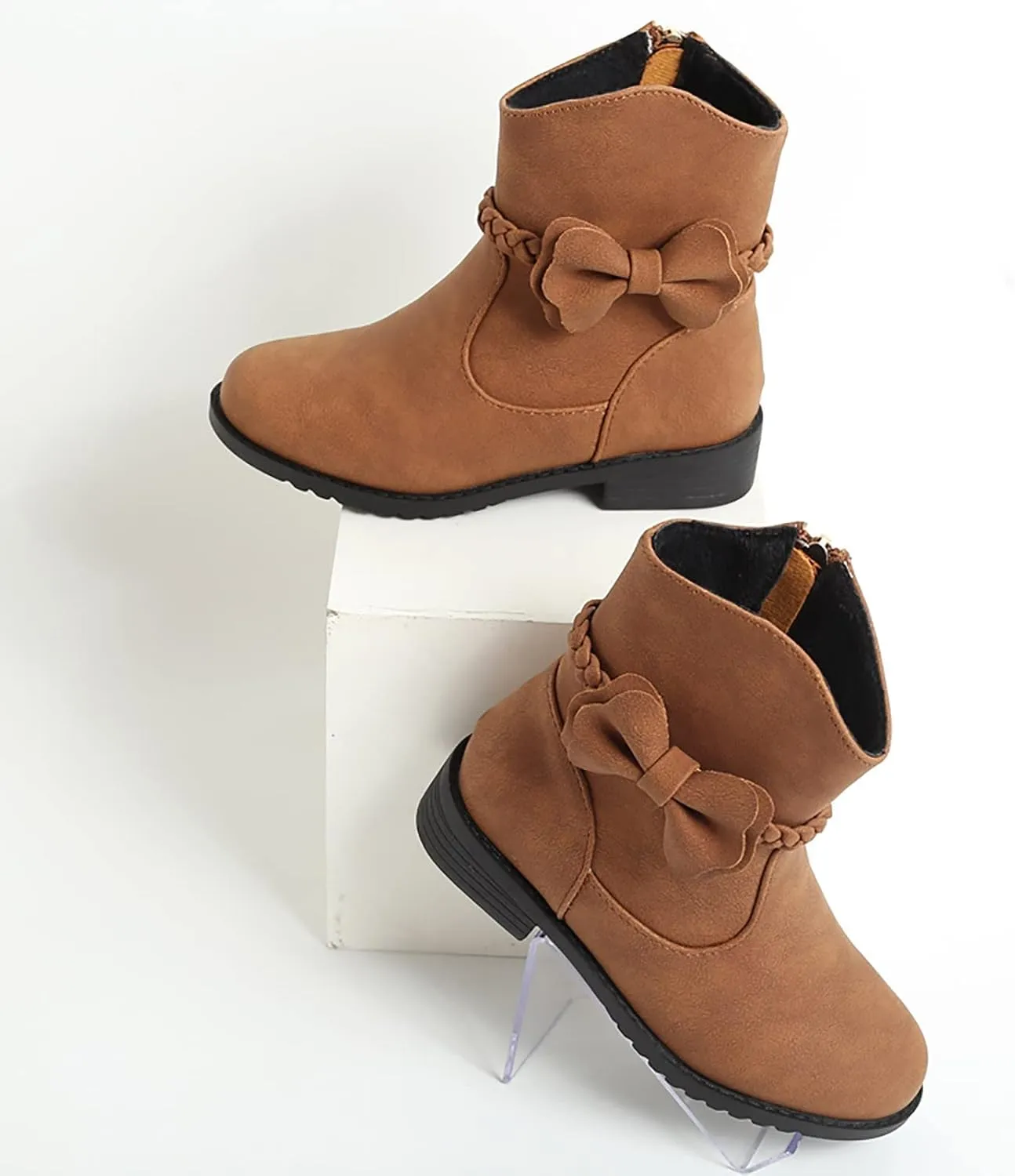 Girls Bow Decor Braided Detail Zip Side Western Boots Kids Ankle Boots Girls Low Heel Riding Booties Girls Boot Cuffs