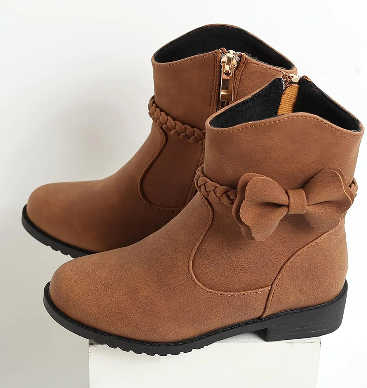 Girls Bow Decor Braided Detail Zip Side Western Boots Kids Ankle Boots Girls Low Heel Riding Booties Girls Boot Cuffs