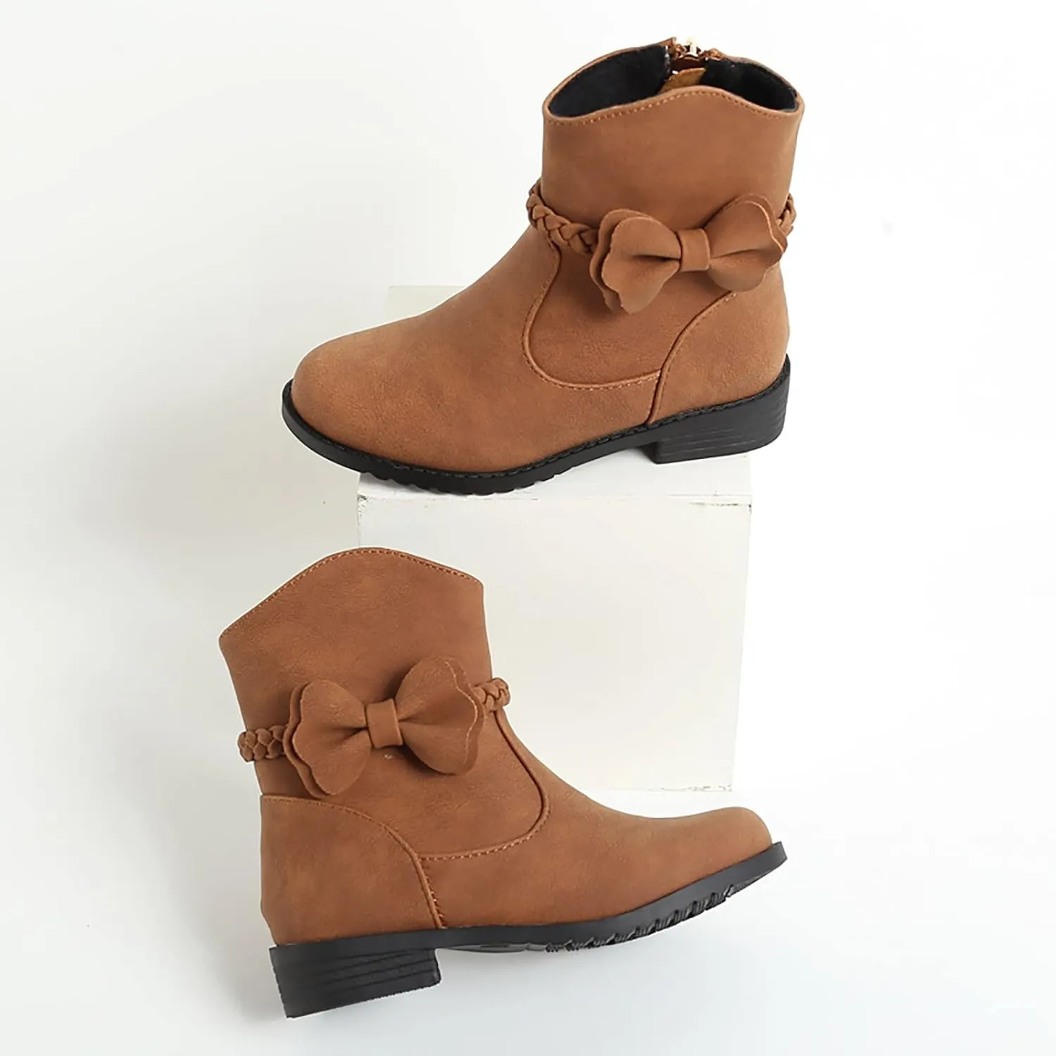 Girls Bow Decor Braided Detail Zip Side Western Boots Kids Ankle Boots Girls Low Heel Riding Booties Girls Boot Cuffs