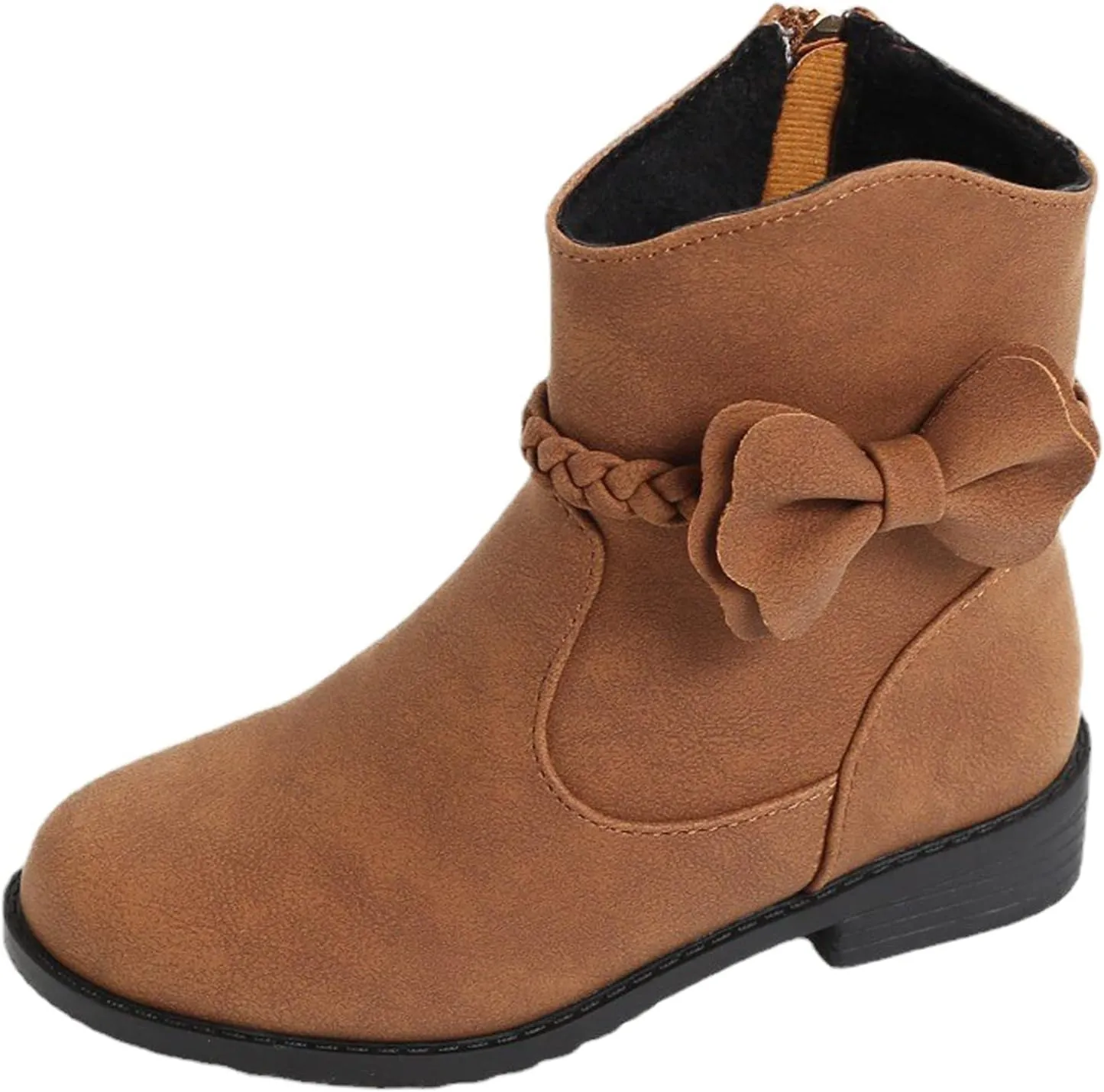 Girls Bow Decor Braided Detail Zip Side Western Boots Kids Ankle Boots Girls Low Heel Riding Booties Girls Boot Cuffs