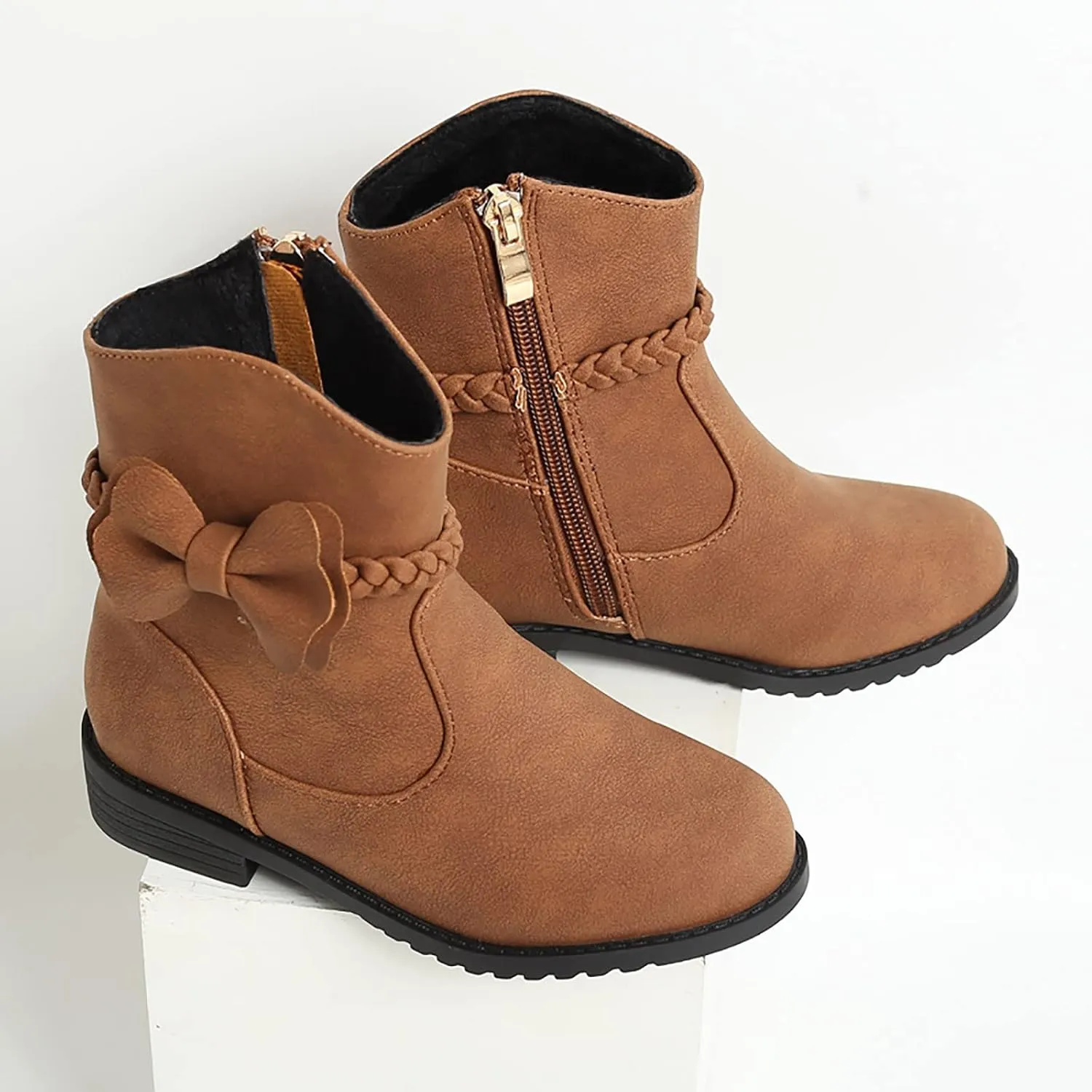 Girls Bow Decor Braided Detail Zip Side Western Boots Kids Ankle Boots Girls Low Heel Riding Booties Girls Boot Cuffs