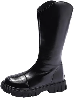 Girls Knee-High Boots Waterproof Mid Calf Lightweight Cute Booties Fashion Out Work Comfortable Princess Shoes (Black, 9-9.5 Years Big Kids)