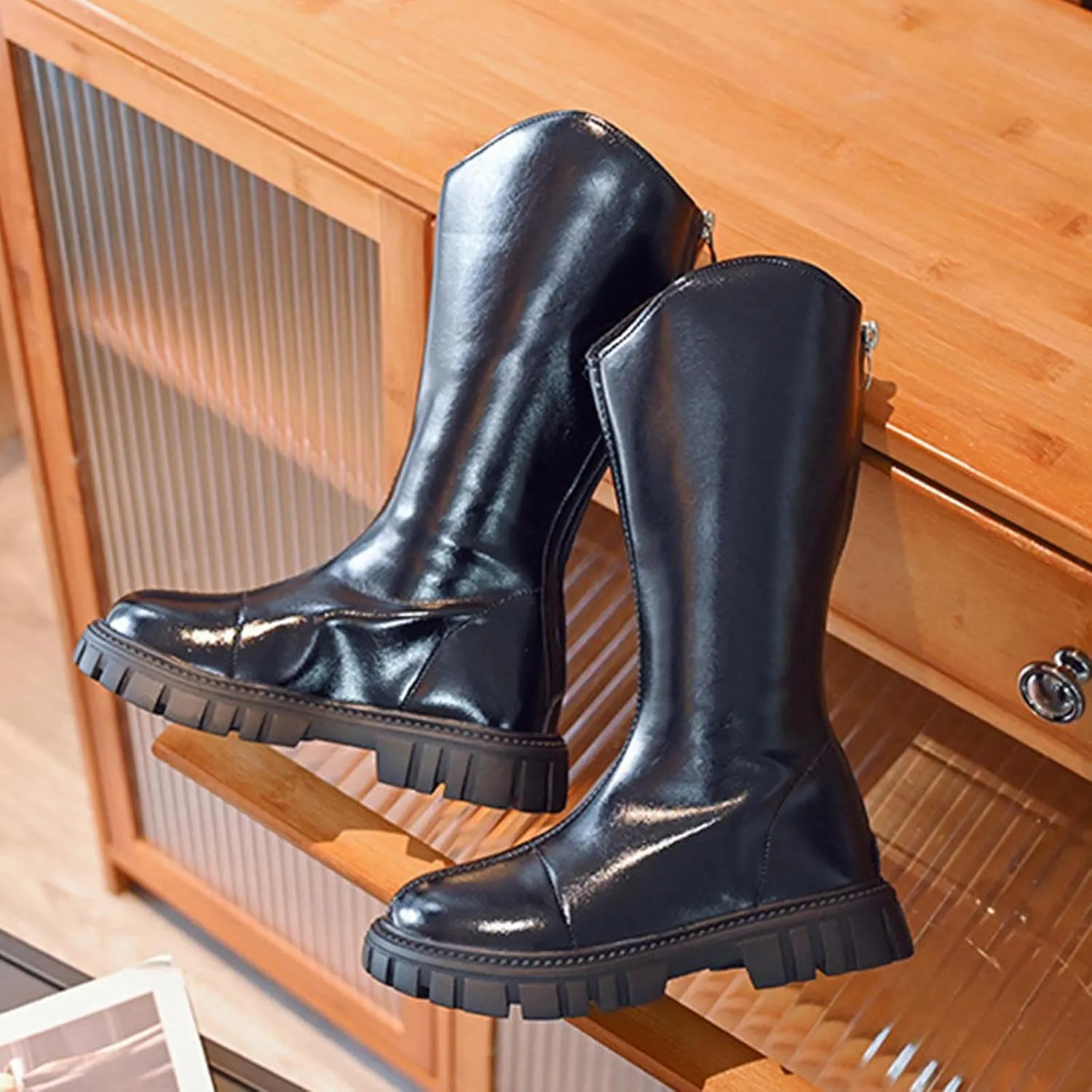 Girls Knee-High Boots Waterproof Mid Calf Lightweight Cute Booties Fashion Out Work Comfortable Princess Shoes (Black, 9-9.5 Years Big Kids)