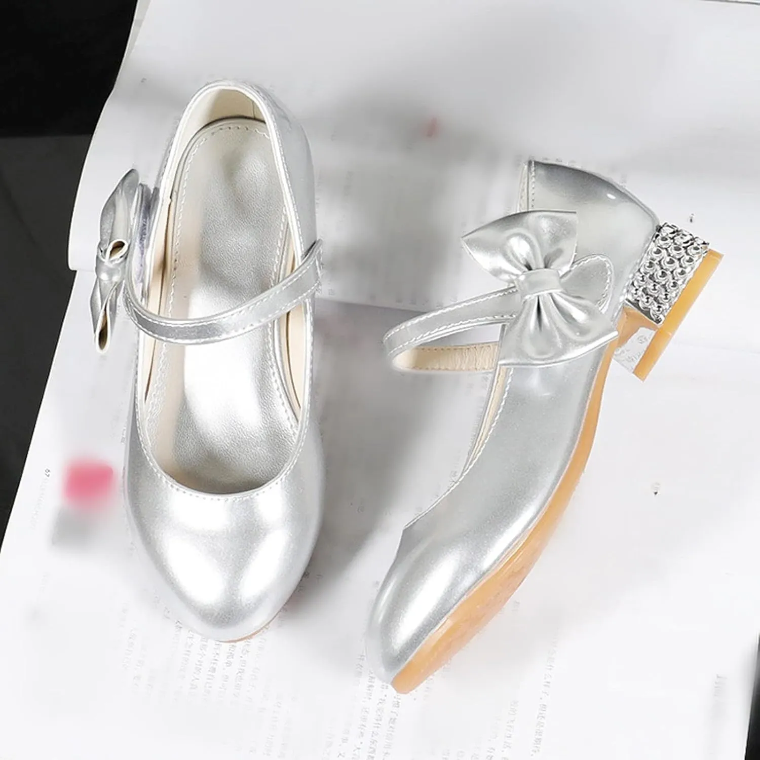 Girls Toddler Princess Shoes Dress Mary Jane Glitter Low Heels Wedding with Bow Buckle Dance Shoes for Kids Baby
