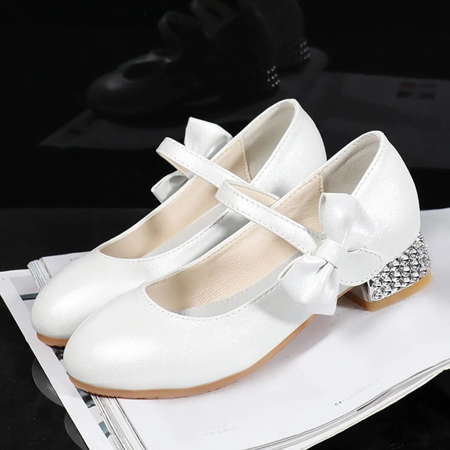 Girls Toddler Princess Shoes Dress Mary Jane Glitter Low Heels Wedding with Bow Buckle Dance Shoes for Kids Baby