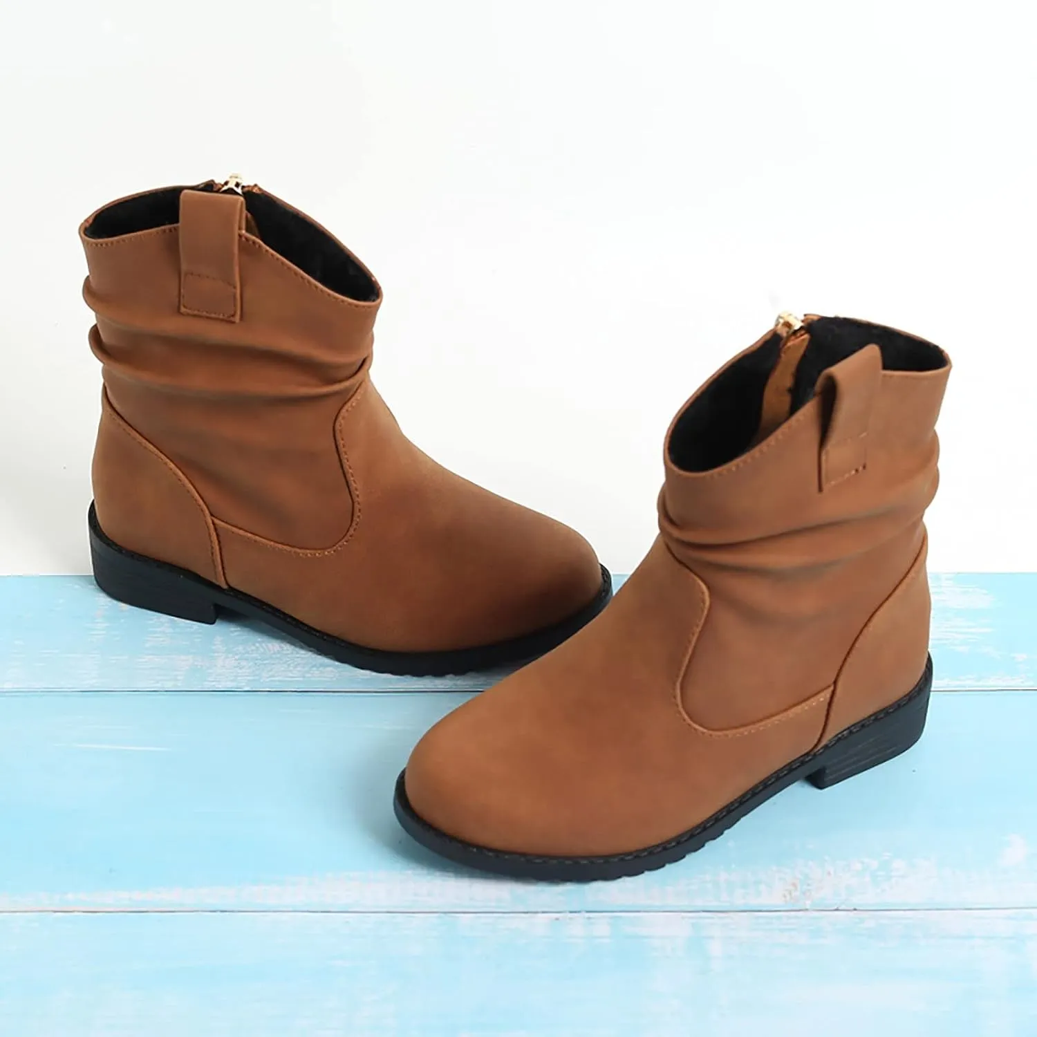 Kids Girl Ankle Boots Warm Side Zipper Boots Low Heel Booties Winter Snow Boots Non Slip Outdoor Shoes for Big Kids (Yellow, 9.5-10 Years)