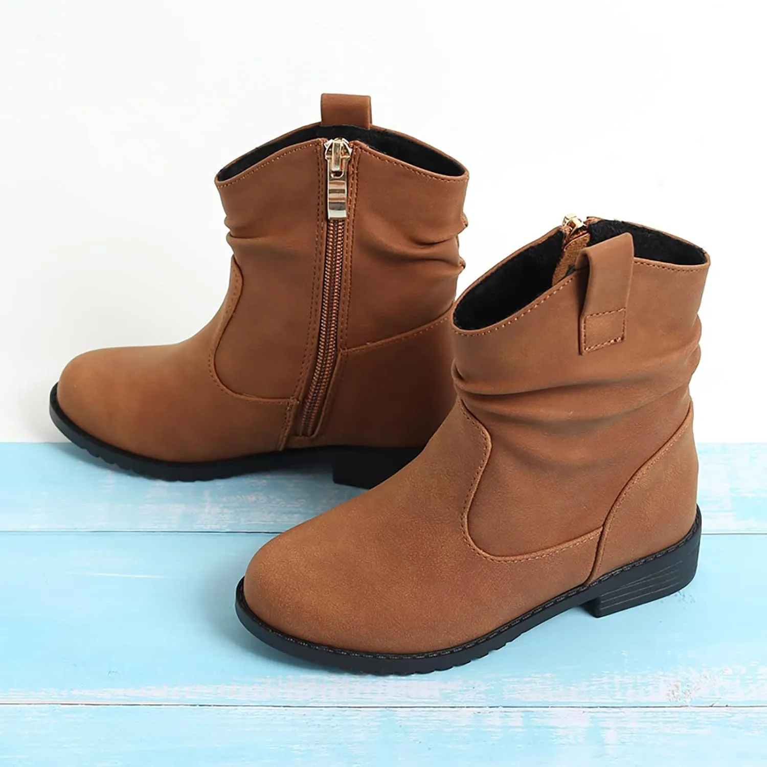 Kids Girl Ankle Boots Warm Side Zipper Boots Low Heel Booties Winter Snow Boots Non Slip Outdoor Shoes for Big Kids (Yellow, 9.5-10 Years)
