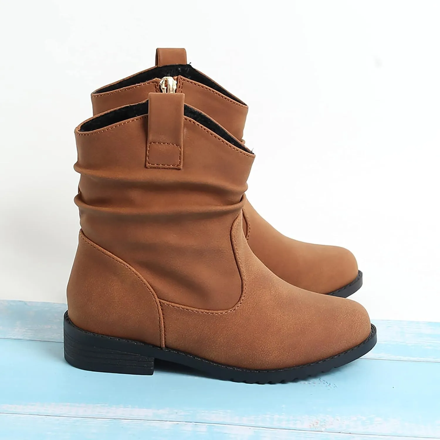 Kids Girl Ankle Boots Warm Side Zipper Boots Low Heel Booties Winter Snow Boots Non Slip Outdoor Shoes for Big Kids (Yellow, 9.5-10 Years)