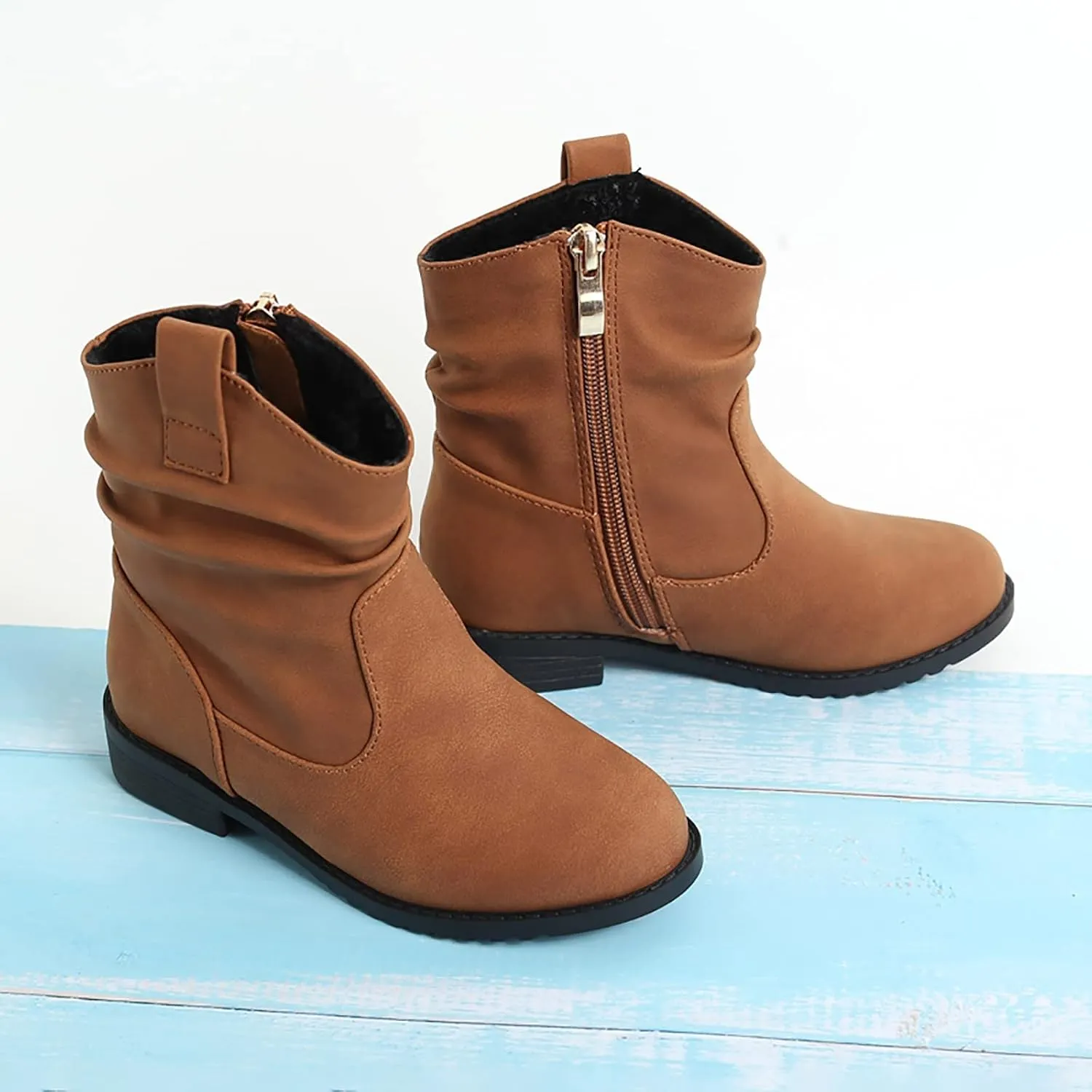 Kids Girl Ankle Boots Warm Side Zipper Boots Low Heel Booties Winter Snow Boots Non Slip Outdoor Shoes for Big Kids (Yellow, 9.5-10 Years)