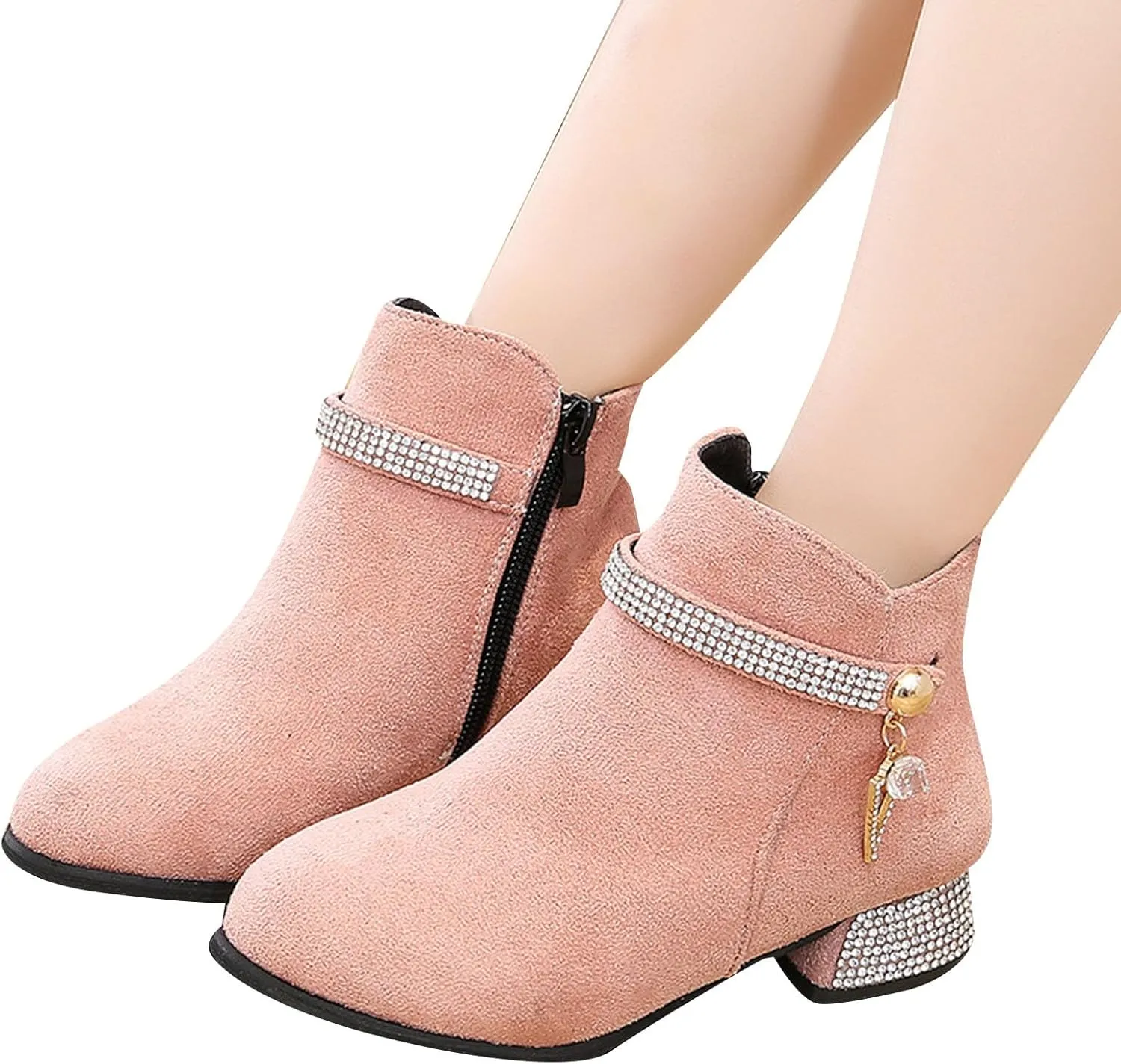 Kids Girls Low Heel Ankle Boots Side Zipper Slip On Dress Shoes Fall Winter Outdoor Casual Booties School Shoes