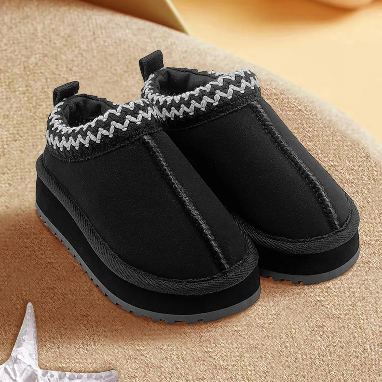 Kids Platform Slippers - Cozy Faux Fur Lined Warm Indoor Outdoor Home Plush Mini Boots for Little and Big Kids