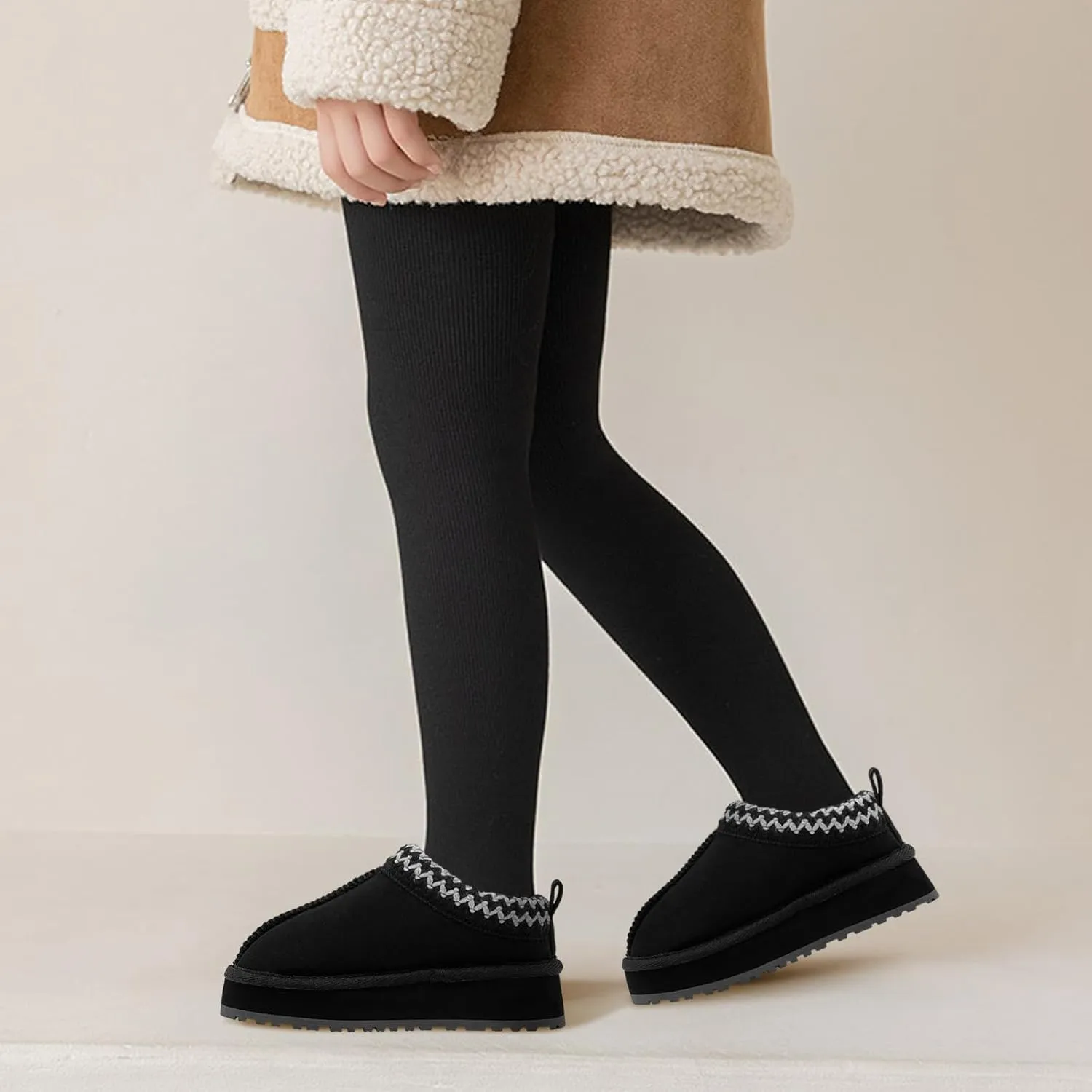 Kids Platform Slippers - Cozy Faux Fur Lined Warm Indoor Outdoor Home Plush Mini Boots for Little and Big Kids