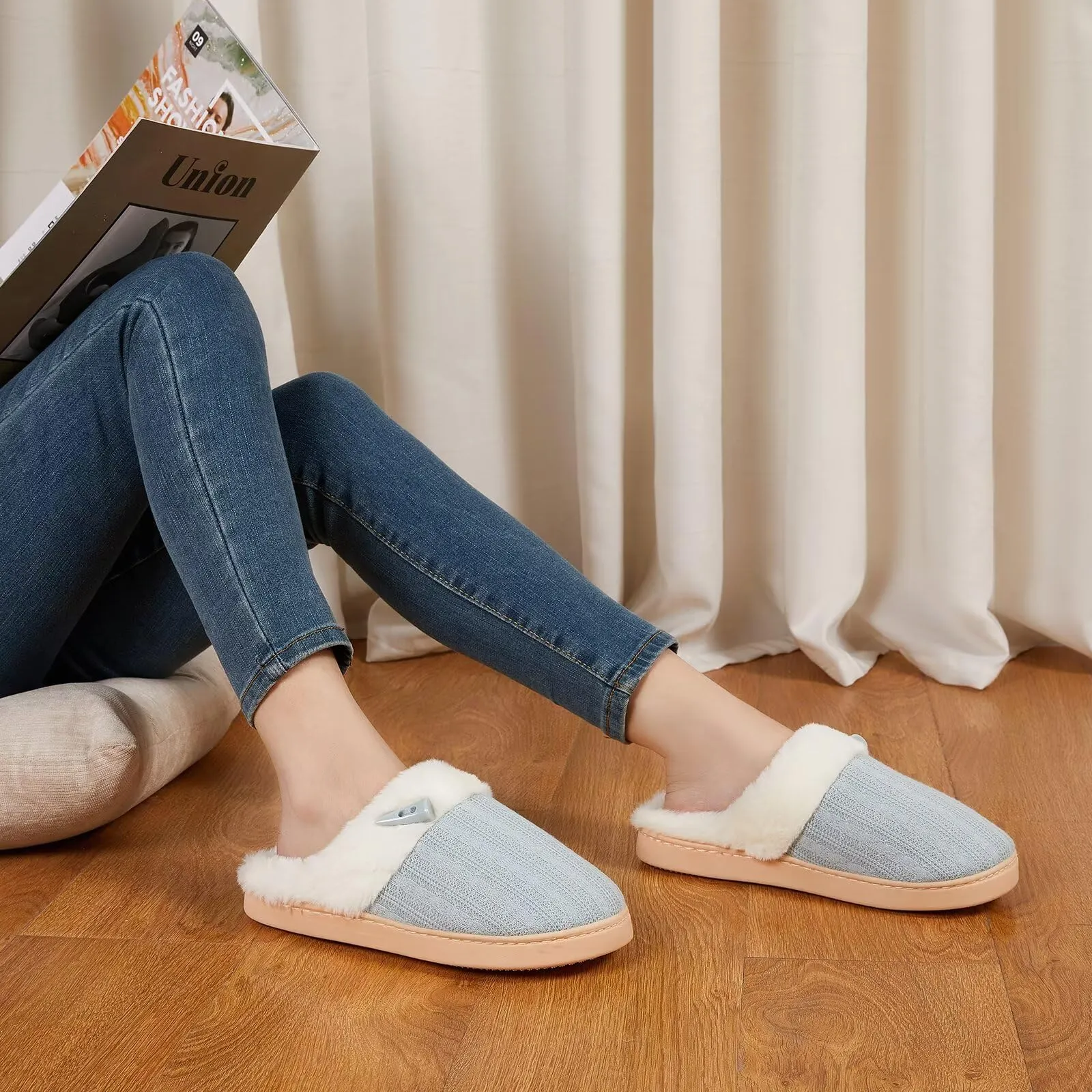 NineCiFun Women's Slip on Fuzzy Slippers Memory Foam House Slippers Outdoor Indoor Warm Plush Fur Lining size 7 8 light blue