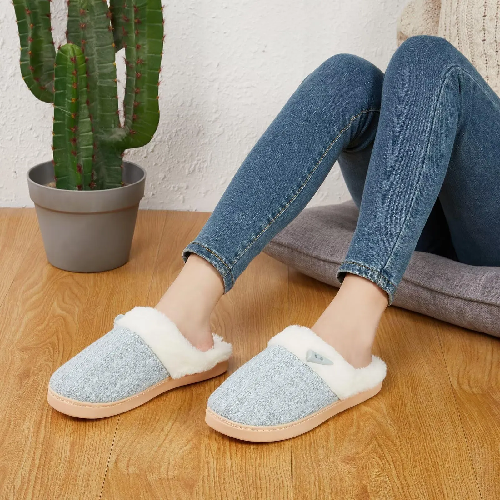 NineCiFun Women's Slip on Fuzzy Slippers Memory Foam House Slippers Outdoor Indoor Warm Plush Fur Lining size 7 8 light blue